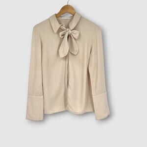 PARTOW Cream Silk-Feel Bow Tie Blouse Long Sleeve Collared Top Size 8